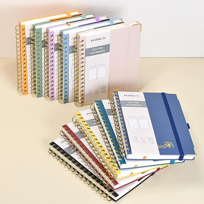 POPRUN Spiral Dotted Journal Notebook, [A5-5.75'' x 8.25''] - 120 GSM Thick Paper, 141 Numbered Pages, Hardcover for Men & Women with Pocket, Index Tabs, 8 Perforated Sheets, Black