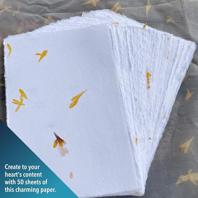 Wanderings Handmade Deckled Edge Paper with Real Flower Petal - 4" x 6" - Thick 150 GSM - 50 Pack - Place Cards, Name Cards for Table Setting, Gift Tags, Invitations, Save the Date, Greeting Cards