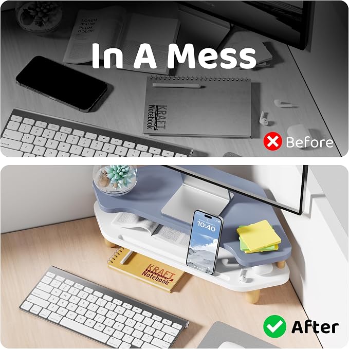 AFOOYO Monitor Stand Riser,2 Tier Corner Wood Sturdy 16.5In Computer Stand, Multi-Purpose Desktop Storage Stand for Laptop,PC,iMac,Printer,Computer,Blue