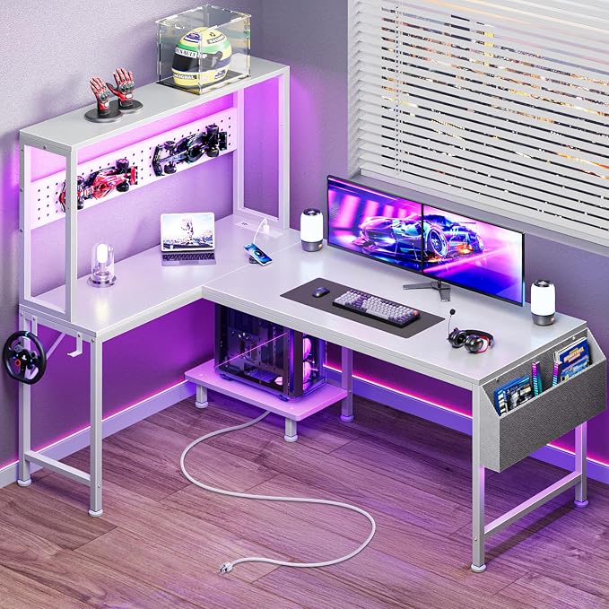 L Shaped Gaming Desk with LED Lights & Power Outlets | Reversible Computer Desk with Storage Shelves & Bag, Large Corner Home Office Desk with Pegboard for Work from Home, White