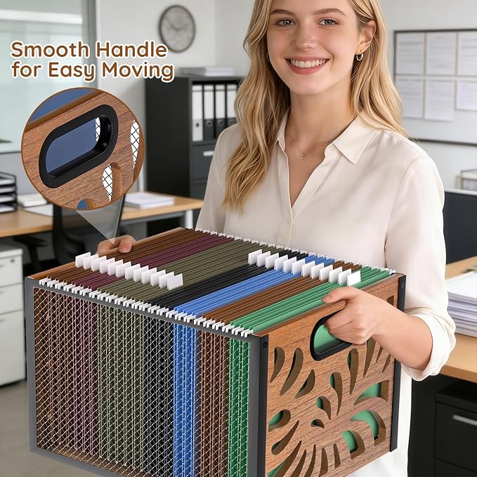 Wood File Box,Hanging File Organizer,File Storage Box Bin for Letter Size | Decorative Filing Boxes Bin, Portable Desktop Files Folder Organizer for Home Office School Desk Cabinet