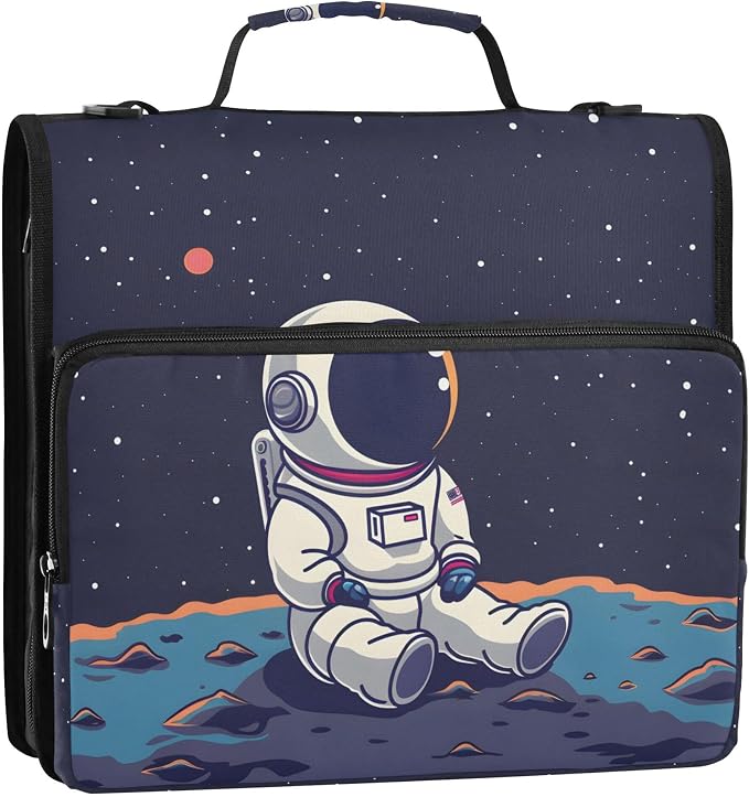 MNSRUU 3 Ring Binder Bag, 2 Inch D-Rings Easily Organizes 1 Inch Fits Letter Sized Paper, Astronaut Cute Large 3 Hole Zipper Binder Organizer for School Office Supplies