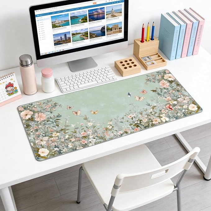 Cute Floral Aesthetic Wildflower Gaming Mouse Pad, Sage Green Macaron Desk Mat with Anti-Slip Base & Stitched Edges, Office & Home Desk Decor for Women, 35.4" x 15.7" in Computer Desktop Mat