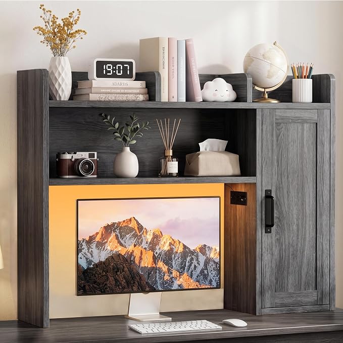 Dorm Desk Hutch, 37.4" Desktop Shelf with 6 Shelves & Power Outlet | Desk Hutch with Drawer & RGB LED Light Over Desk Organizer Desktop Storage Shelf for Dorm Office Home Computer Desk-Grey