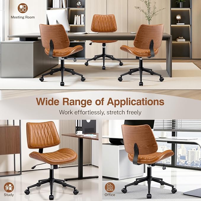 Ergonomic Armless Office Desk Chair - Mid-Century Retro Orange Faux Leather with Diamond Stitch, Adjustable Height Swivel Rolling Task Computer Chair with Walnut Accent for Home Office, Study & Work