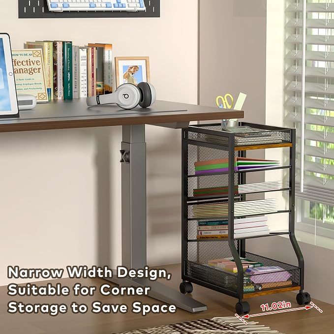 6-Tier Standing File Organizer, Rolling Under Desk Organizer for Office | with Sliding Mesh Paper Letter Trays, Slim Rolling File Cart Under Desk File Holder for Home/Office/Study Organization