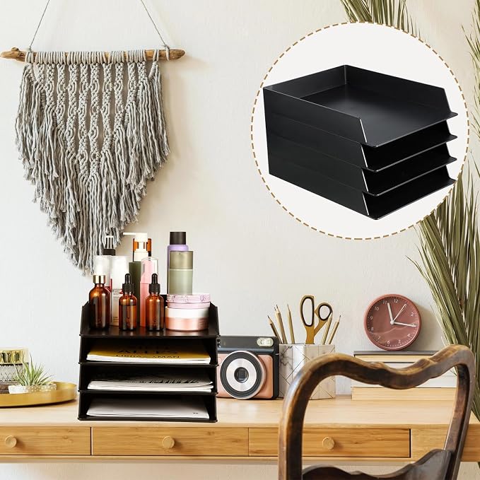 12 Pcs Stackable Paper Trays Rectangular Plastic Desk Holder Desktop Document File Organizer Storage Letter for Office Classroom (Black)