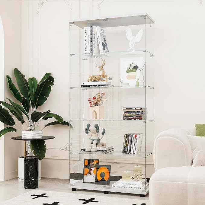 FLYMUHJIA Curio Cabinets with Tempered Glass Doors - 5-Shelf Double Door China Cabinet for Display and Collectibles - White