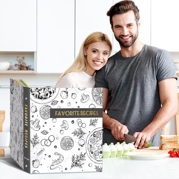 Recipe Binder with Plastic Sleeves, 8.5x11 3 Ring Blank Recipe Book Binder | Premium recipe binder kit with waterproof cover, sleeves, cards, dividers and gift box for preserving recipes-Grey Veggies.