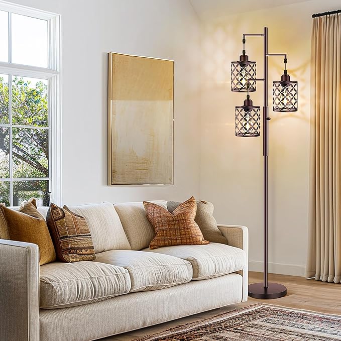 Dimmable Floor Lamp, Farmhouse Standing Lamp with Elegant Metal Cage, Industrial Tall Tree Floor Lamps for Living Room Bedroom Study Room Office, 3 x 800LM LED Bulbs Included - 72", Brown