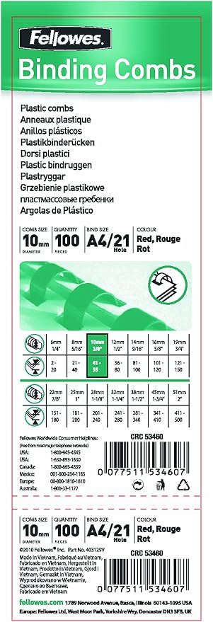 Fellowes 10 mm A4 Plastic Binding Combs - Red, Pack of 100