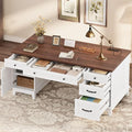 IDEALHOUSE Farmhouse Executive Desk 60 Inch, Wooden Home Office Desk with Adjustable Storage Cabinet, Built-in Charging Port, File Cabinet for Writing & Study, Elegant Workstation, Brownish White