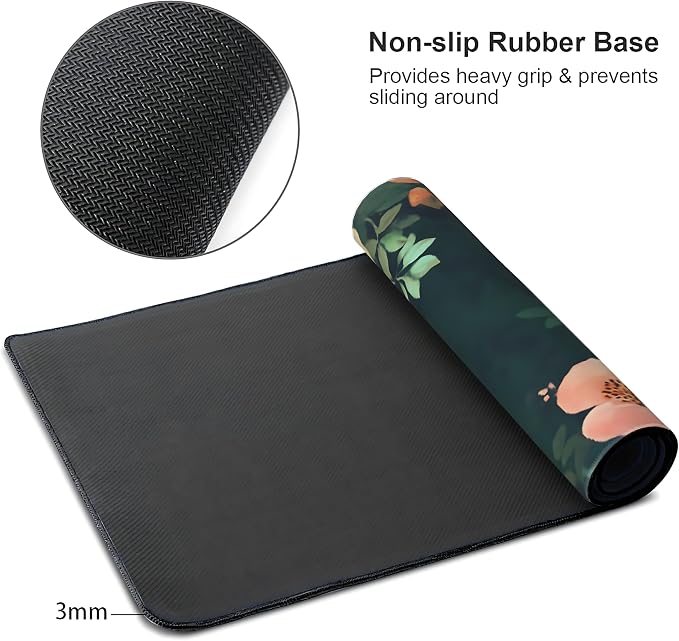 Cute Floral Aesthetic Rose Gaming Mouse Pad, Forest Green Moody Forest Desk Mat with Anti-Slip Base & Stitched Edges,35.4" x 15.7" in Table Mat for Computer Desktop, Beautiful Workstation Decor