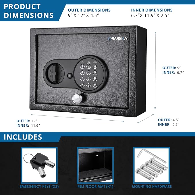 Barska Top Opening Keypad Safe – Compact Digital Security Box for Home or Office, Solid Steel, Anti-Pry Hinges, Jewelry & Valuables- drawer safe - top open drawer - in wall mounting, Hidden safes