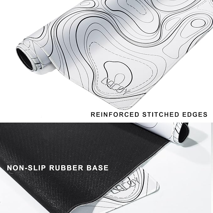 Cacoy 48"x24" White Topographic Large Gaming Mouse Pad Extended PC Desk Mat | Extra Large Computer Mouse Mat with Stitched Edges, Minimalist Contour Line Non-Slip Rubber Base Desk Pad Office Accessories