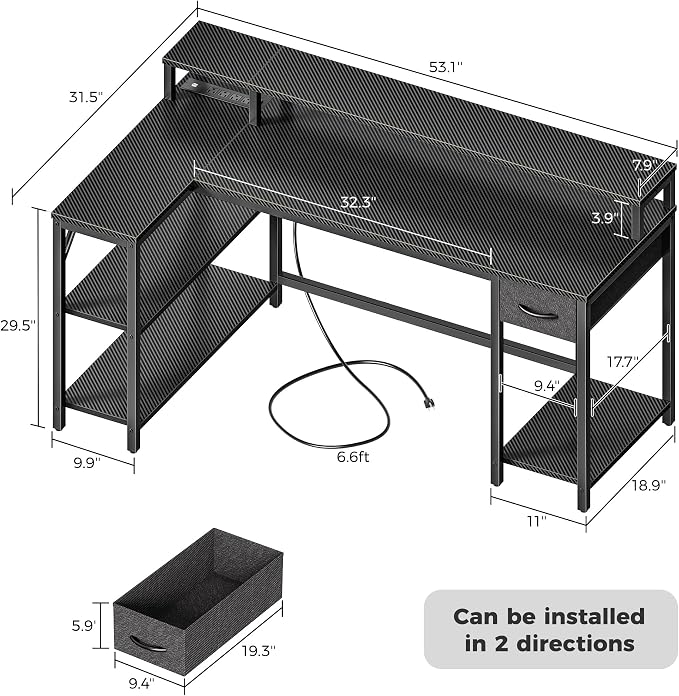 SUPERJARE 53 inch Reversible L Shaped Desk with LED Lights & Power Outlets, Computer Desk with Shelves & Monitor Stand, Gaming Desk with Drawer, Home Office Desk, Carbon Fiber Black