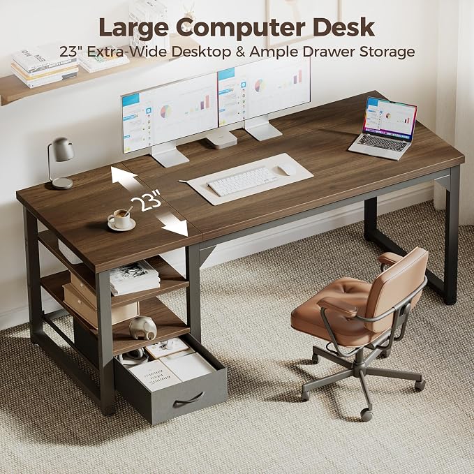 48 in Computer Desk with Drawer, 1" Thick Reversible Office Desk | Modern Writing Table with Storage Shelves, Heavy Duty Industrial Study Desk for Home Bedroom Work