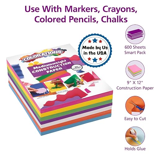 Colorations Construction Paper for Kids - 7 Bright Colors - 600 Bulk Sheets of 9"X12" - Assorted Pack of Heavy-Duty Craft Paper, Bulk School Supplies | 600 Sheets Bright Colored Paper, Bulk Arts & Crafts, School Supplies, Drawing, Coloring, 3D Art