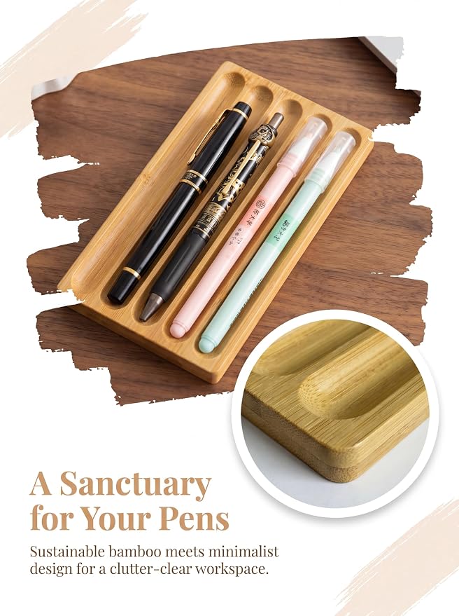 Natural Bamboo 5-Slot Fountain Pen Storage Tray, Anti-Roll Wooden Pen Organizer, Minimalist Zen Desk Pen Holder for Pen Collectors, Office & Study Desktop Stationery Display Tray