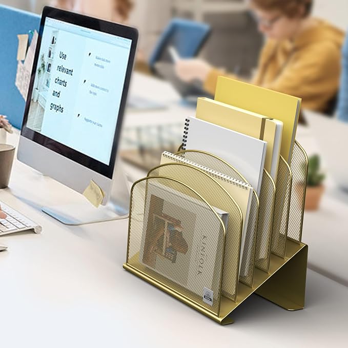 Delifox Inclined Desk File Organizer,Vertical File Folder Holder Stand Metal Rack File Sorter for Office Classroom Desktop Organization (2, Gold, 5)