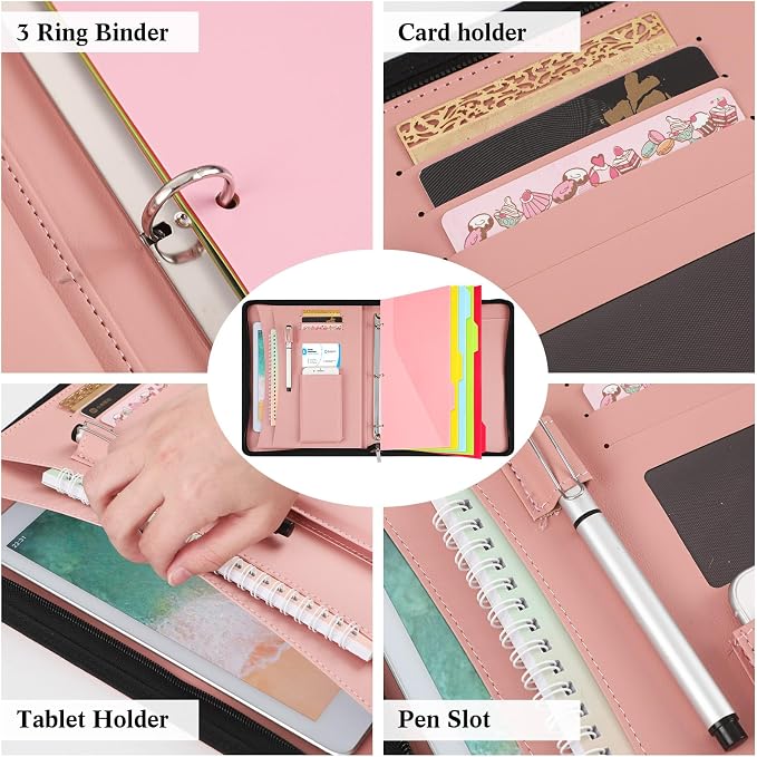 Gilprop 3 Ring Binder with Clipboard, 13.4"x11" Binder Padfolio,Pink | Faux Leather Binder Organizer with Zipper, 5 Folder Divider Pages for Documents Business Cards Teachers Nurses School Office