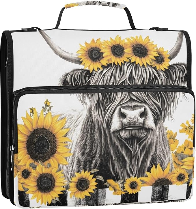 3 D-Ring Zipper Binder Bag, Gray Highland Cow Yellow Sunflower Removable Binder with Zipper Case Hold 300+ Sheets& 13 Inch Laptop for School Office Supplies Organizer