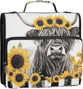 3 D-Ring Zipper Binder Bag, Gray Highland Cow Yellow Sunflower Removable Binder with Zipper Case Hold 300+ Sheets& 13 Inch Laptop for School Office Supplies Organizer