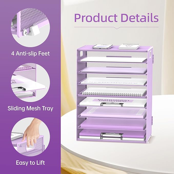 9-Tier Paper Organizer for Desk, Metal Letter Tray with Handles, Purple | Desk File Organizer with Removable Trays for Sorting Files, Folders, Mail and Printer Paper at Home, School or Office