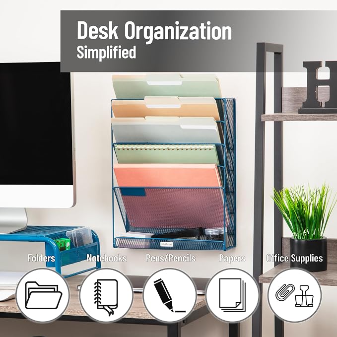 Mind Reader 5-Pocket Vertical File Storage, Desktop Organizer, Wall Mount, Office, Metal Mesh, Turquoise