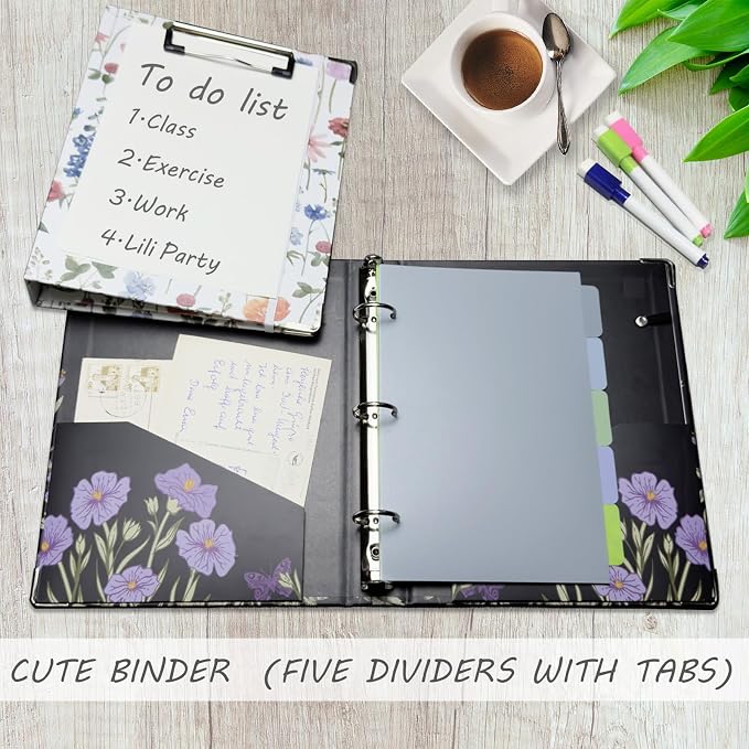 Mini Binder 3 Ring 1 Inch for 5.5"x8.5" Paper, Cute Small Three Ring Binders with Clipboard, 5-Tab Dividers, Spine ID Label Holder, BVSSX A5 Binder with Pen Holder, Black Weeds