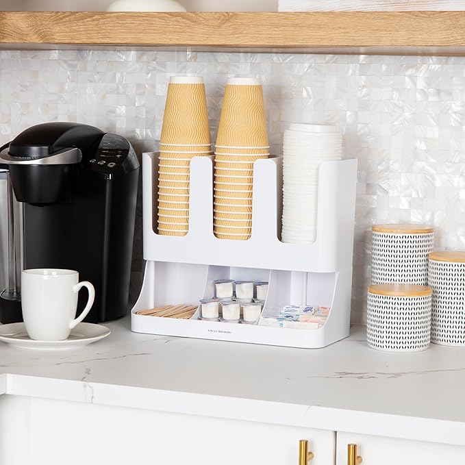 Mind Reader Cup and Condiment Station, 13 Inch Countertop Coffee Bar Organizer with 6 Compartments, Storage Caddy for Cups, Lids and Packets, Plastic, White 13" L x 6.4" W x 11.5" H (Pack of 4)