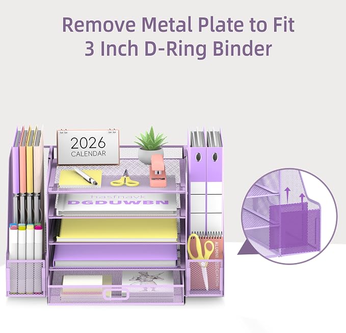 Mesh Desk Organizer with File Holder, 5-Tier Paper Letter Tray Organizer with Magazine Holder, Desktop Organizer and Storage with Drawer for Office Supplies Home or School (Purple) | Two side magazine holders and a bottom drawer store papers, folders, ...