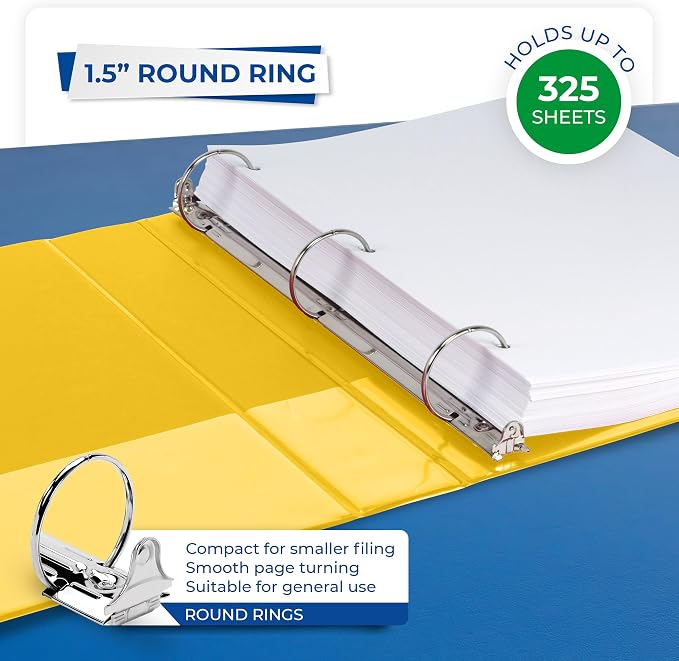 Samsill Economy 3 Ring Binder Organizer, 1.5 Inch Round Ring Binder, Customizable Clear View Cover, Yellow Binder