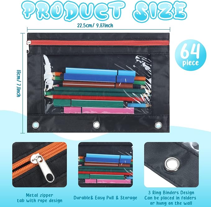 Leinuosen 64 Pack Black Pencil Pouch Bulk for 3 Ring Binder, Pencil Cases with Colored Zipper and Clear Window Storage Bag for Office, Back to School Classroom Supplies