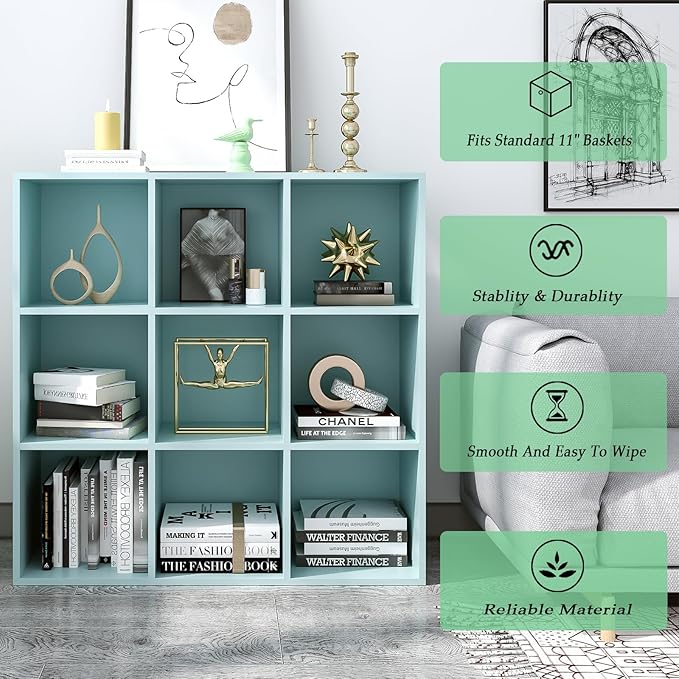 9-Cube Storage Shelf Bookcase, Light Blue | Wooden 3-Tier Open Bookshelf, Fits 11×11" Bins, Vertical or Horizontal Use, Full Back Panels, For Home Office