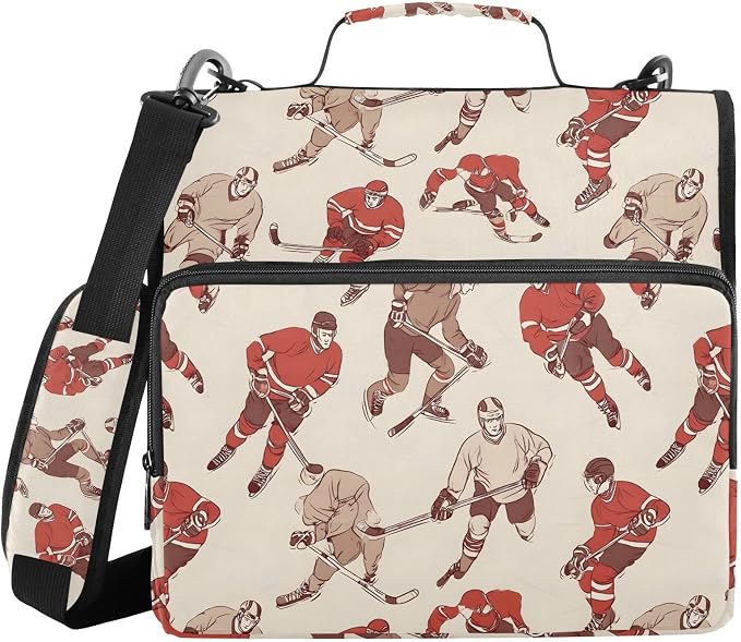 3 Ring Zipper Binder with Shoulder Strap Hockey Players Vintage Sport Ball 1.5 inch Binders Keeper Large Capacity Multi Pockets for School Office Supplies