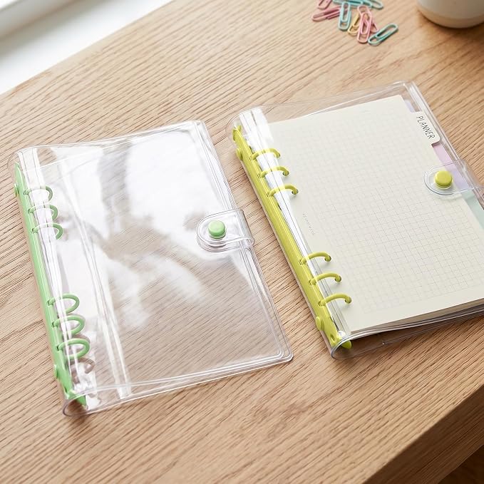 A5 Binder 6 Ring, Clear PVC Notebook Cover, Refillable Planner | Loose Leaf Budget Binder with Snap Button Closure, Round Ring Binder for School Office Home, 2 Pack, Green and Yellow