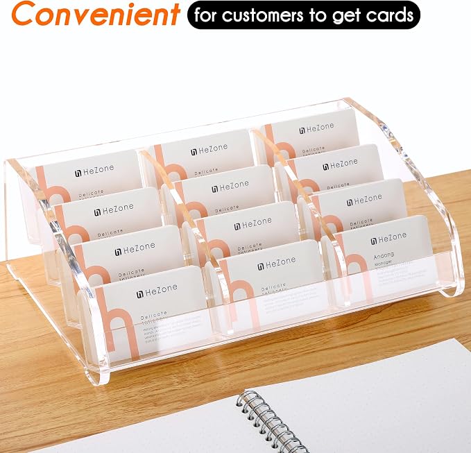 HeZone Business Card Holder Display for Desk Muitiple, Clear Acrylic Business card Stand Rack for Women and Men 12 slots 4Tier, Organize 600 cards (12 Slots