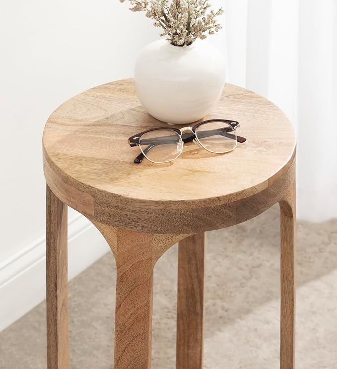 Kate and Laurel Dahl Wooden Round Drink Table; 12 x 23; Natural Brown; Transitional Boho Circle Wood Accent Pedestal Table for Living Room Plant Stand or Small Bedroom Nightstand
