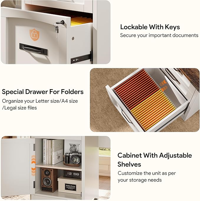 Decofy Farmhouse Executive Desk with Drawers, 55" Home Office Desks with Fast Charging Station, Lockable File Cabinet, Wood Writing Computer Desk for Work, Study, White