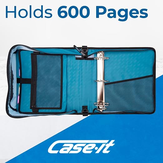 Case-it School Zipper Binder | 3-Inch O-Rings | 600-Sheet | D-146 Wave | Mighty Zip Tab, 5-Subject Expanding File Folder, Multiple Pockets, Storage Organizer, Shoulder Strap, Office