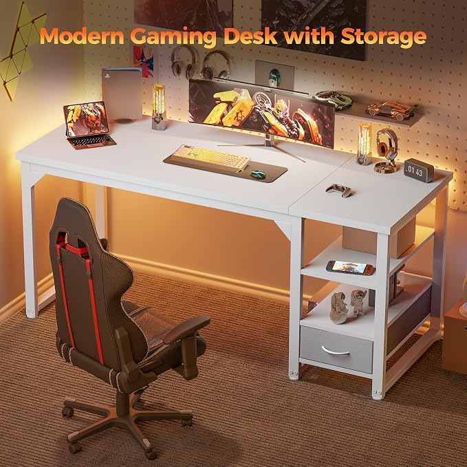 54 in Computer Desk with Drawer, 1" Thick Reversible Office Desk | Large Modern Writing Table with Storage Shelves, Heavy Duty Industrial Executive Desk for Home Bedroom Study Work
