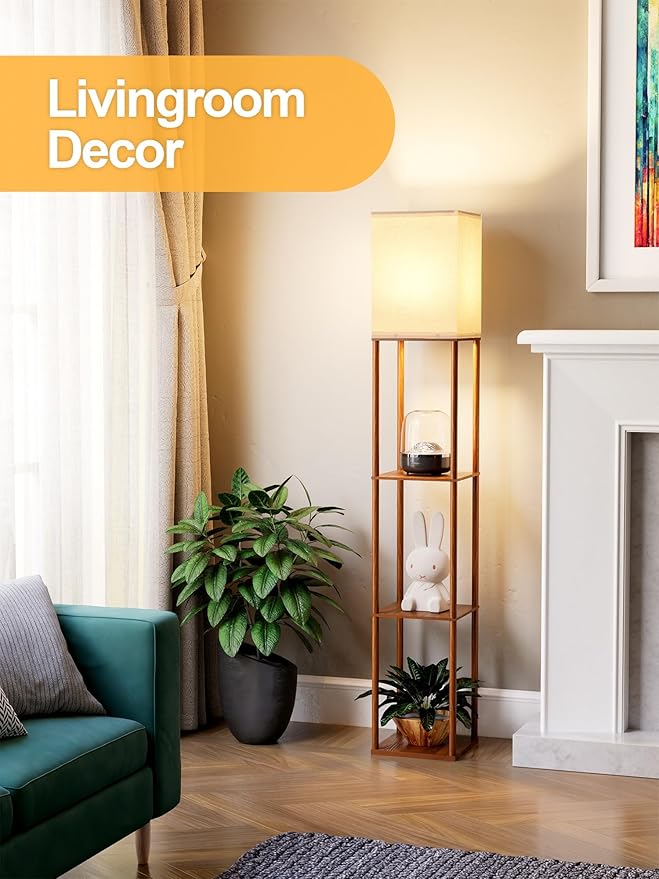 Floor Lamp with Shelves for Living Room Walnut Brown 2 Pack, Shelf Floor Lamp with 3 CCT LED Bulb, Corner Display Standing Column Lamp Etagere Organizer Tower Nightstand for Bedroom
