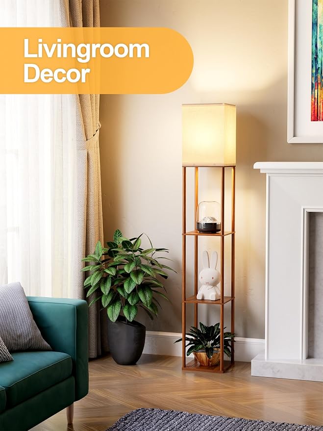 Floor Lamp with Shelves for Living Room Walnut Brown, Shelf Floor Lamp with 3 CCT LED Bulb, Corner Display Standing Column Lamp Etagere Organizer Tower Nightstand with White Linen Shade for Bedroom