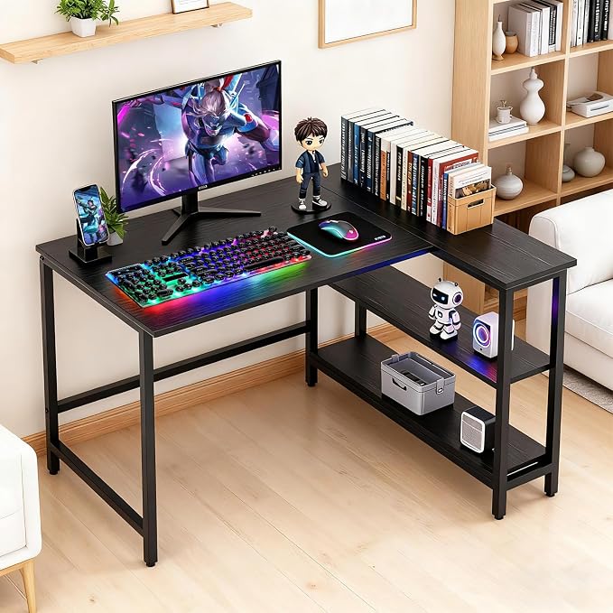 FDW L-Shaped Gaming Desk 43 Inch Computer Desk Corner Desks with Reversible Side Storage Shelves Study Desk Metal Frame PC Work Table for Home Office Dorm Sturdy Writing Workstation,Dark Black