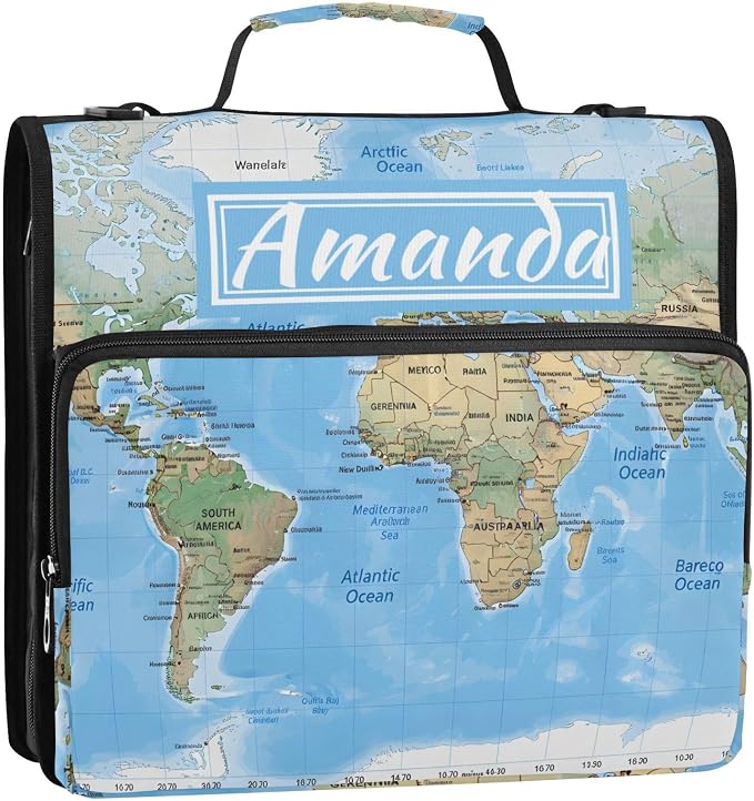 Custom 3 Ring Zipper Binder World Map Blaue Personalized Name 1.5 inch Binders Large Capacity Multi Pockets for School Office Supplies