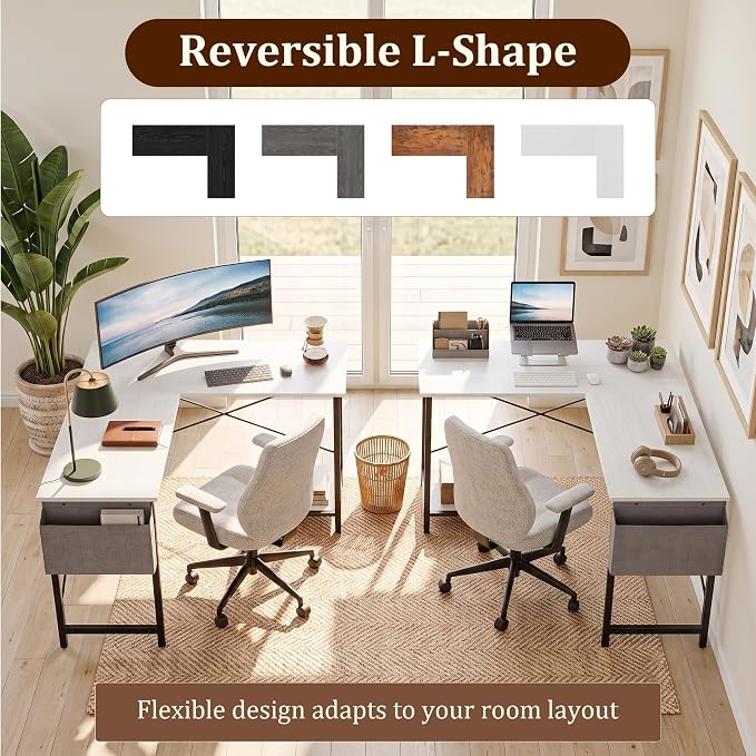 Corner Desk, L Shaped Gaming Desk with Storage Pocket and CPU Stand, White | 50 Inch Work Desk for Home Office, Small Corner Study Writing Table with Sturdy Metal Frame, Writing Workstation for Bedroom