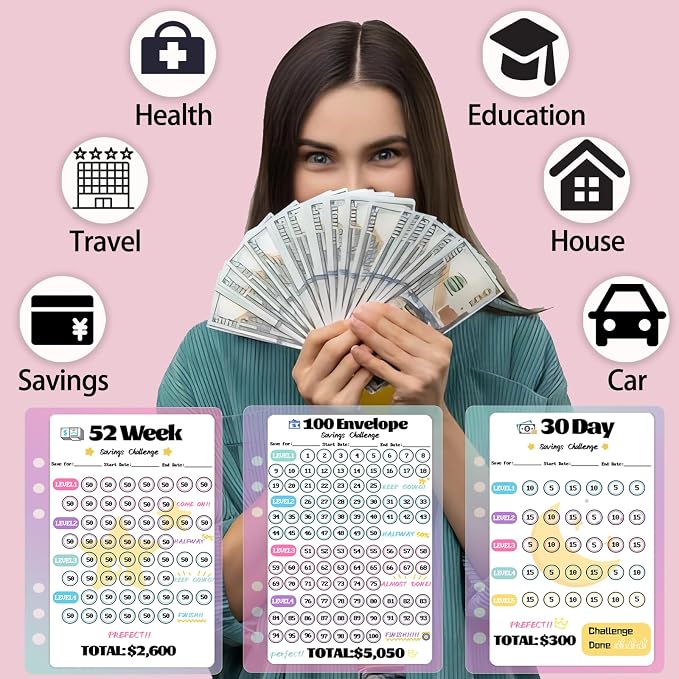 2 Pack 100 Envelopes Money Saving Challenge, Cash Budget Planner A5 Binder | Savings Challenges Book Organizer Folder with 3 Tracker to Save $5,050 $2,600 $300, 100 Pre-numbered Pockets, Pink & Black