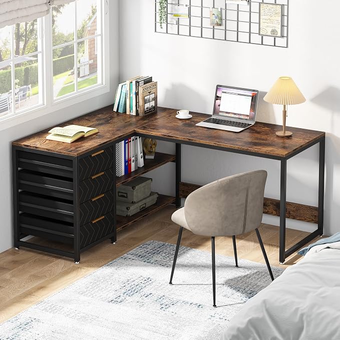 LITTLE TREE 59-Inch L Shaped Desk with Drawers, Large Computer Desk with Storage Shelves, Reversible L-Shaped Corner Desk Workstation for Home Office