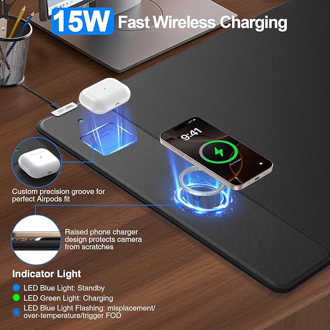 Magnetic Wireless Charging Mouse Pad, 31.5"x15.8", with 20W Adapter, Black | Large Gaming Desk Mat for Keyboard/Laptop, Non-Slip Base, Waterproof Ultra-Smooth Surface Mousepad for Gamer, Office & Home